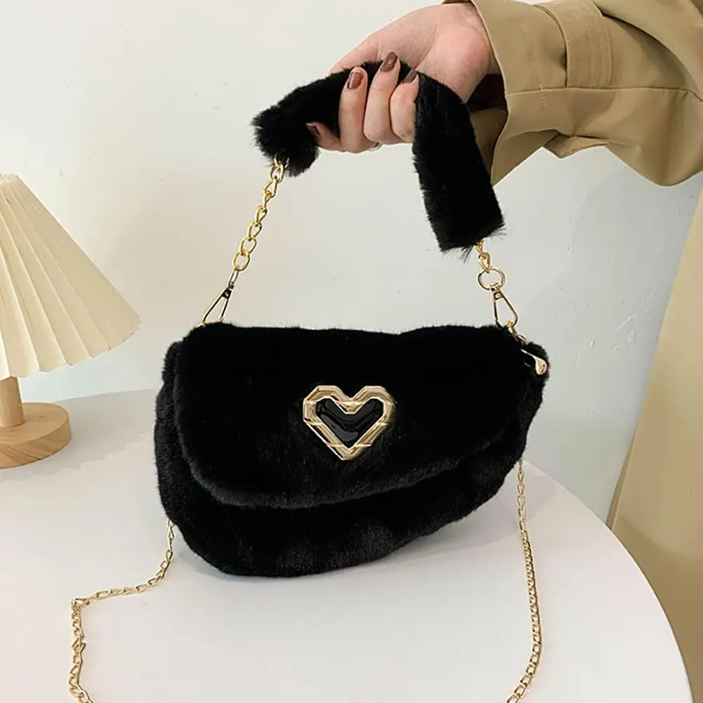Fashion Plush Crossbody Bag For Women, Saddle Purse Wallet, Faux Fur Soft Handbag for Winter, Lovely Heart Shoulder Chain Bag