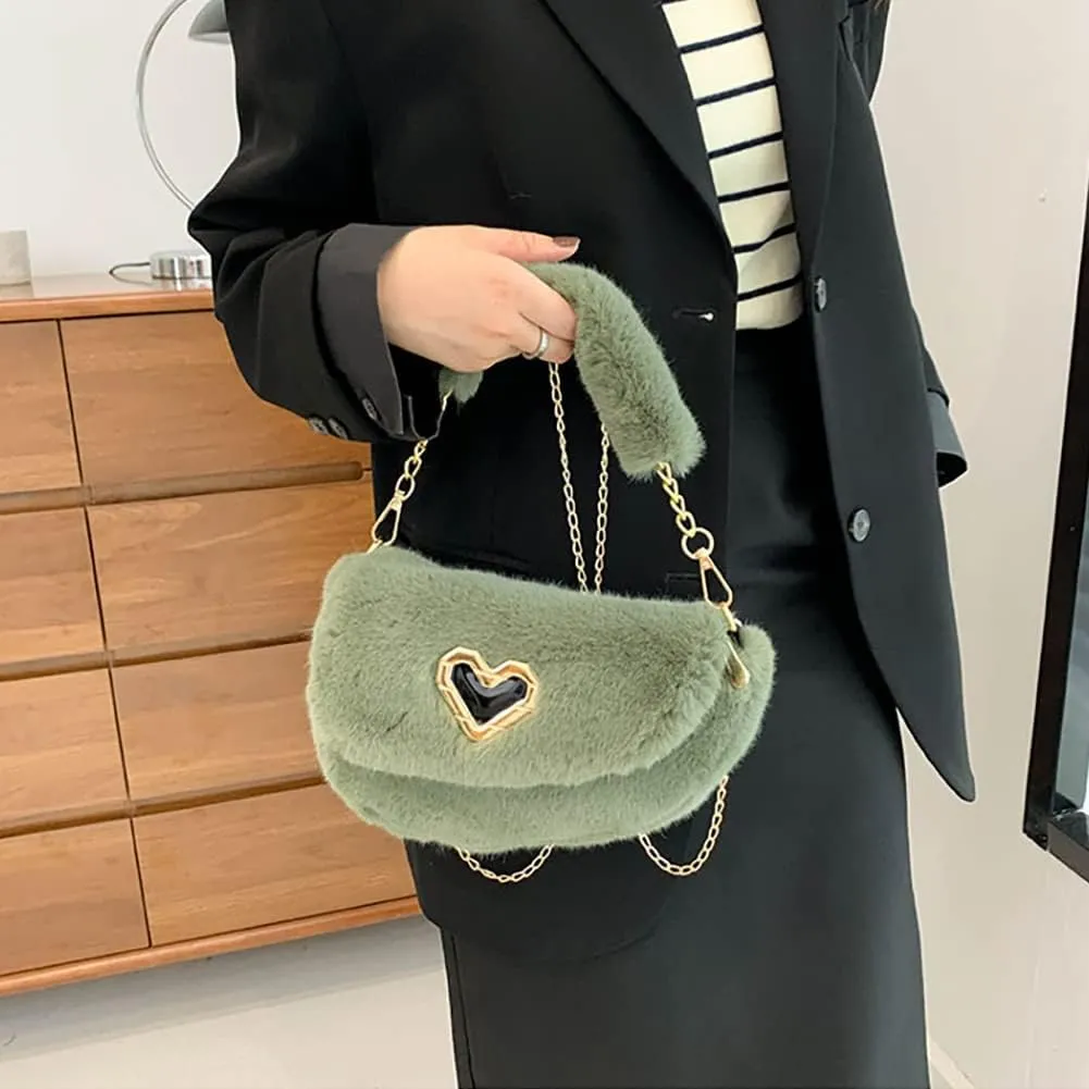 Fashion Plush Crossbody Bag For Women, Saddle Purse Wallet, Faux Fur Soft Handbag for Winter, Lovely Heart Shoulder Chain Bag