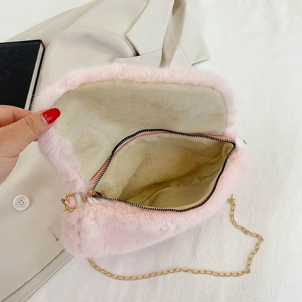Fashion Plush Crossbody Bag For Women, Saddle Purse Wallet, Faux Fur Soft Handbag for Winter, Lovely Heart Shoulder Chain Bag