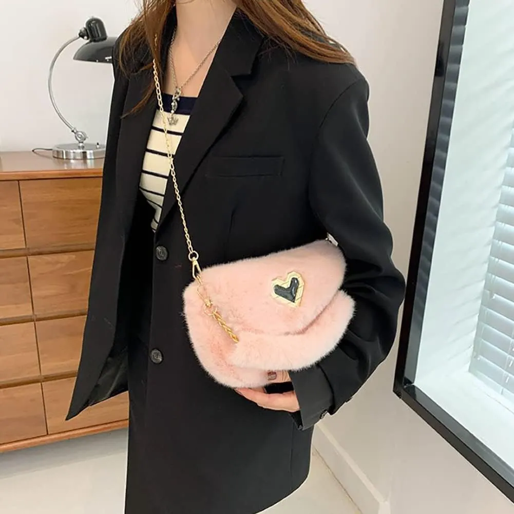 Fashion Plush Crossbody Bag For Women, Saddle Purse Wallet, Faux Fur Soft Handbag for Winter, Lovely Heart Shoulder Chain Bag