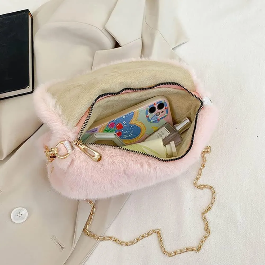 Fashion Plush Crossbody Bag For Women, Saddle Purse Wallet, Faux Fur Soft Handbag for Winter, Lovely Heart Shoulder Chain Bag