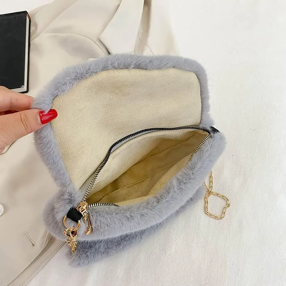 Fashion Plush Crossbody Bag For Women, Saddle Purse Wallet, Faux Fur Soft Handbag for Winter, Lovely Heart Shoulder Chain Bag