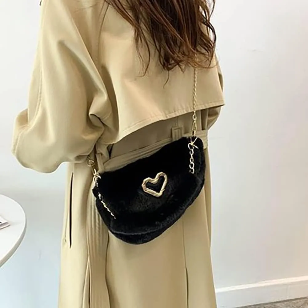 Fashion Plush Crossbody Bag For Women, Saddle Purse Wallet, Faux Fur Soft Handbag for Winter, Lovely Heart Shoulder Chain Bag