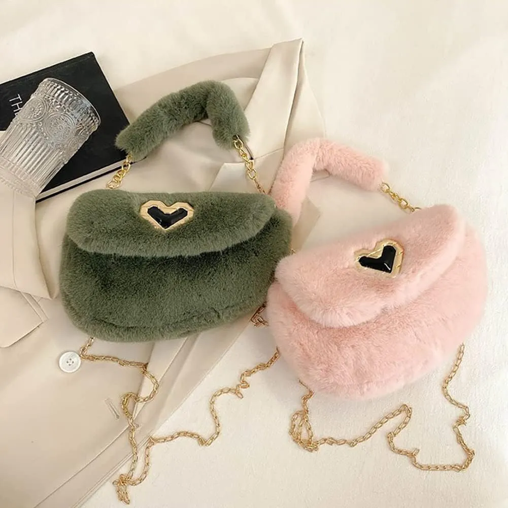 Fashion Plush Crossbody Bag For Women, Saddle Purse Wallet, Faux Fur Soft Handbag for Winter, Lovely Heart Shoulder Chain Bag