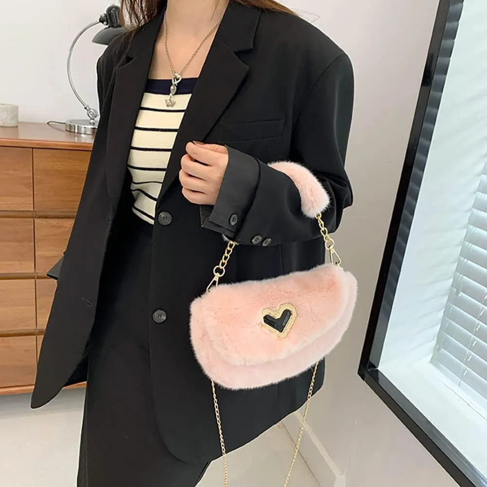 Fashion Plush Crossbody Bag For Women, Saddle Purse Wallet, Faux Fur Soft Handbag for Winter, Lovely Heart Shoulder Chain Bag