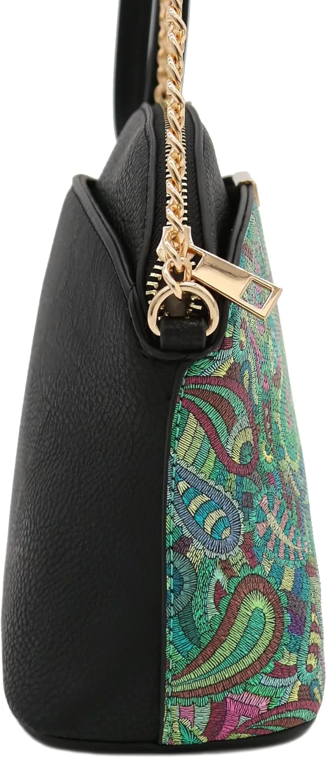 FashionPuzzle Leopard Paisley Print Small Dome Crossbody with Chain Strap