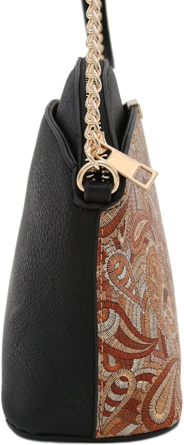 FashionPuzzle Leopard Paisley Print Small Dome Crossbody with Chain Strap