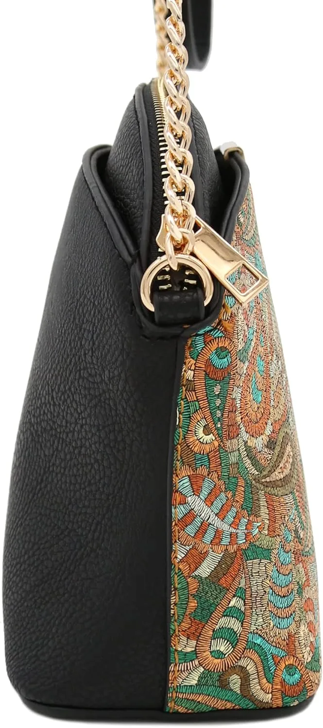 FashionPuzzle Leopard Paisley Print Small Dome Crossbody with Chain Strap