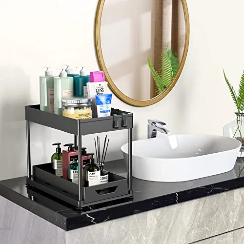 Fkprorjv Under Sink Organizers and Storage, 2 Pack Kitchen Bathroom Sink Organizer with Hooks, 2 Tier Under Sink Cabinet Basket Storage Shelf with Sliding Drawers, Black