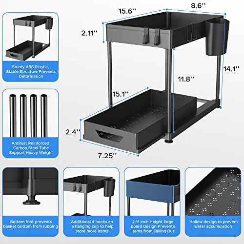 Fkprorjv Under Sink Organizers and Storage, 2 Pack Kitchen Bathroom Sink Organizer with Hooks, 2 Tier Under Sink Cabinet Basket Storage Shelf with Sliding Drawers, Black