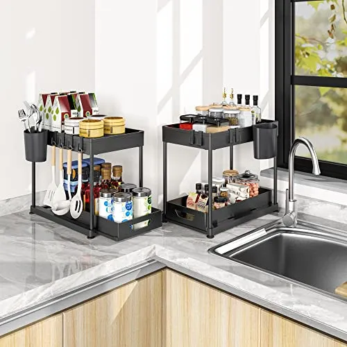 Fkprorjv Under Sink Organizers and Storage, 2 Pack Kitchen Bathroom Sink Organizer with Hooks, 2 Tier Under Sink Cabinet Basket Storage Shelf with Sliding Drawers, Black