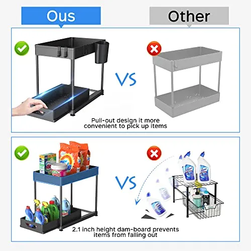 Fkprorjv Under Sink Organizers and Storage, 2 Pack Kitchen Bathroom Sink Organizer with Hooks, 2 Tier Under Sink Cabinet Basket Storage Shelf with Sliding Drawers, Black