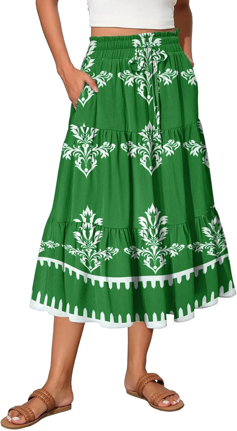 Floral Midi Skirts for Women Summer Tiered Drawstring High Waist Mid Calf Skirts Pleated A-Line Boho Skirt with Pocket