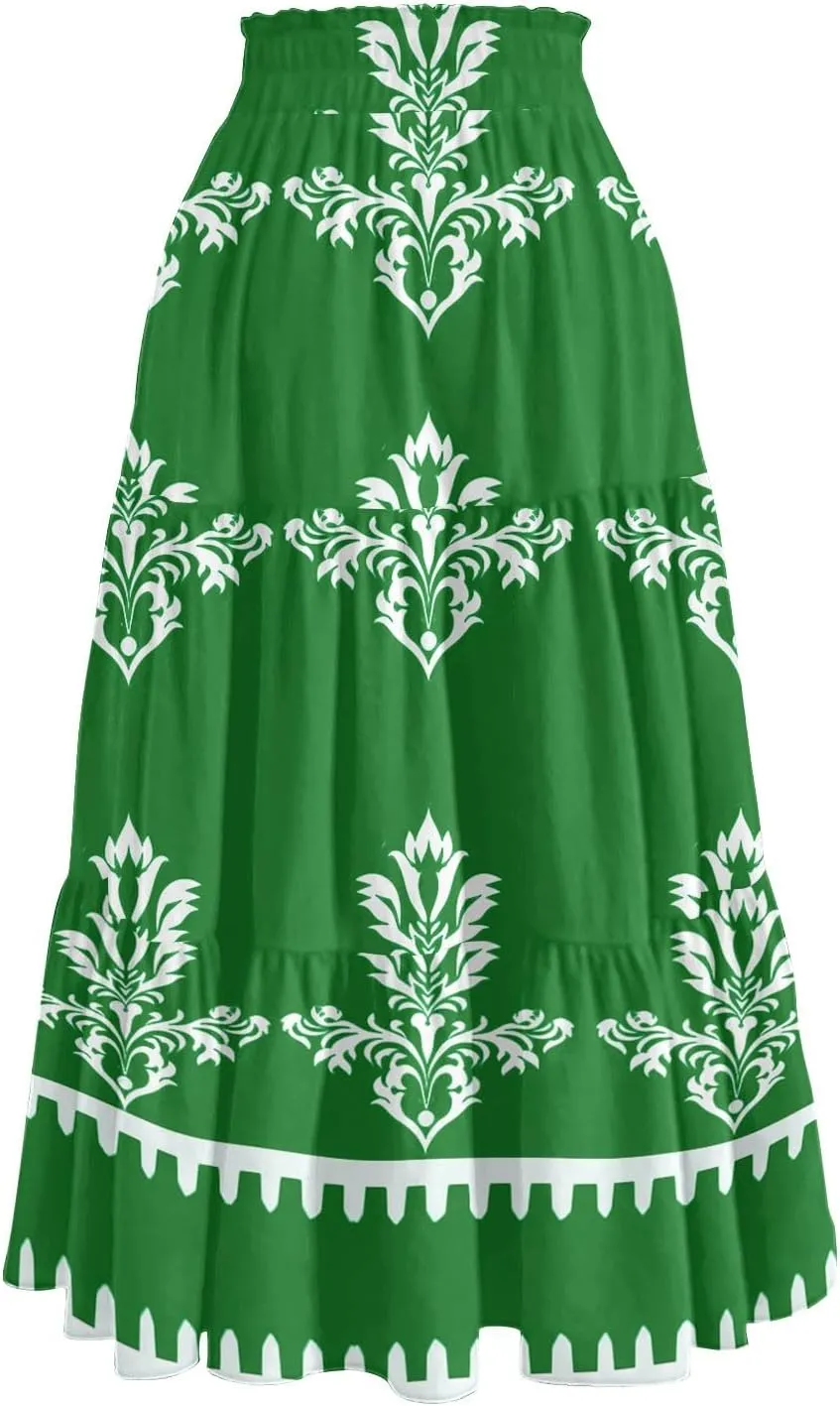Floral Midi Skirts for Women Summer Tiered Drawstring High Waist Mid Calf Skirts Pleated A-Line Boho Skirt with Pocket