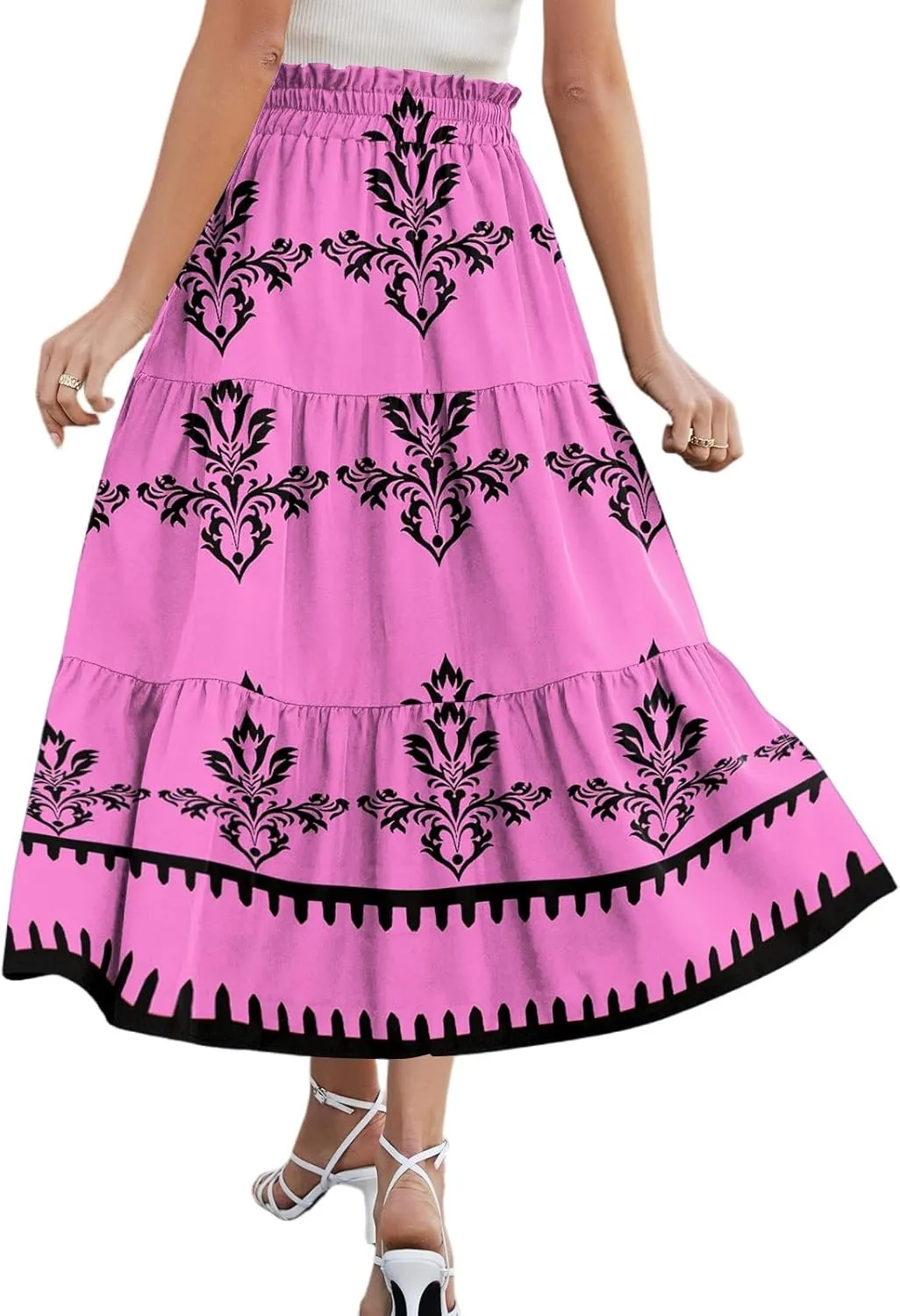 Floral Midi Skirts for Women Summer Tiered Drawstring High Waist Mid Calf Skirts Pleated A-Line Boho Skirt with Pocket