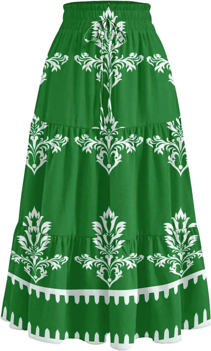 Floral Midi Skirts for Women Summer Tiered Drawstring High Waist Mid Calf Skirts Pleated A-Line Boho Skirt with Pocket