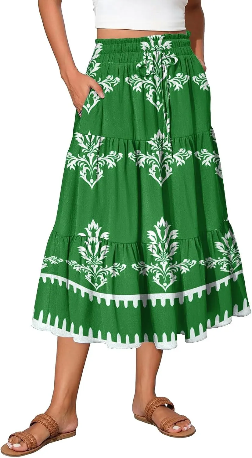 Floral Midi Skirts for Women Summer Tiered Drawstring High Waist Mid Calf Skirts Pleated A-Line Boho Skirt with Pocket