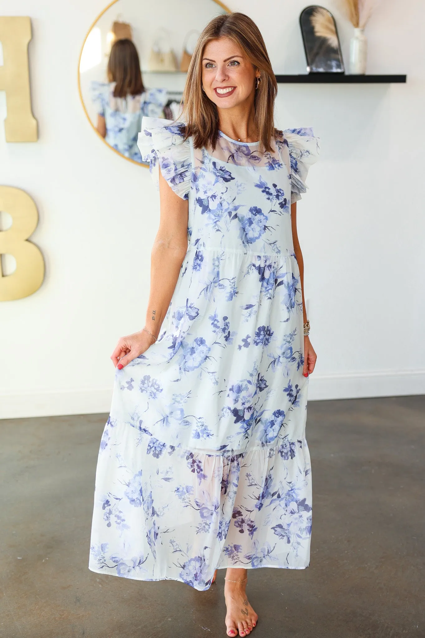 Floral Organza Overlay Midi Dress - Blue
