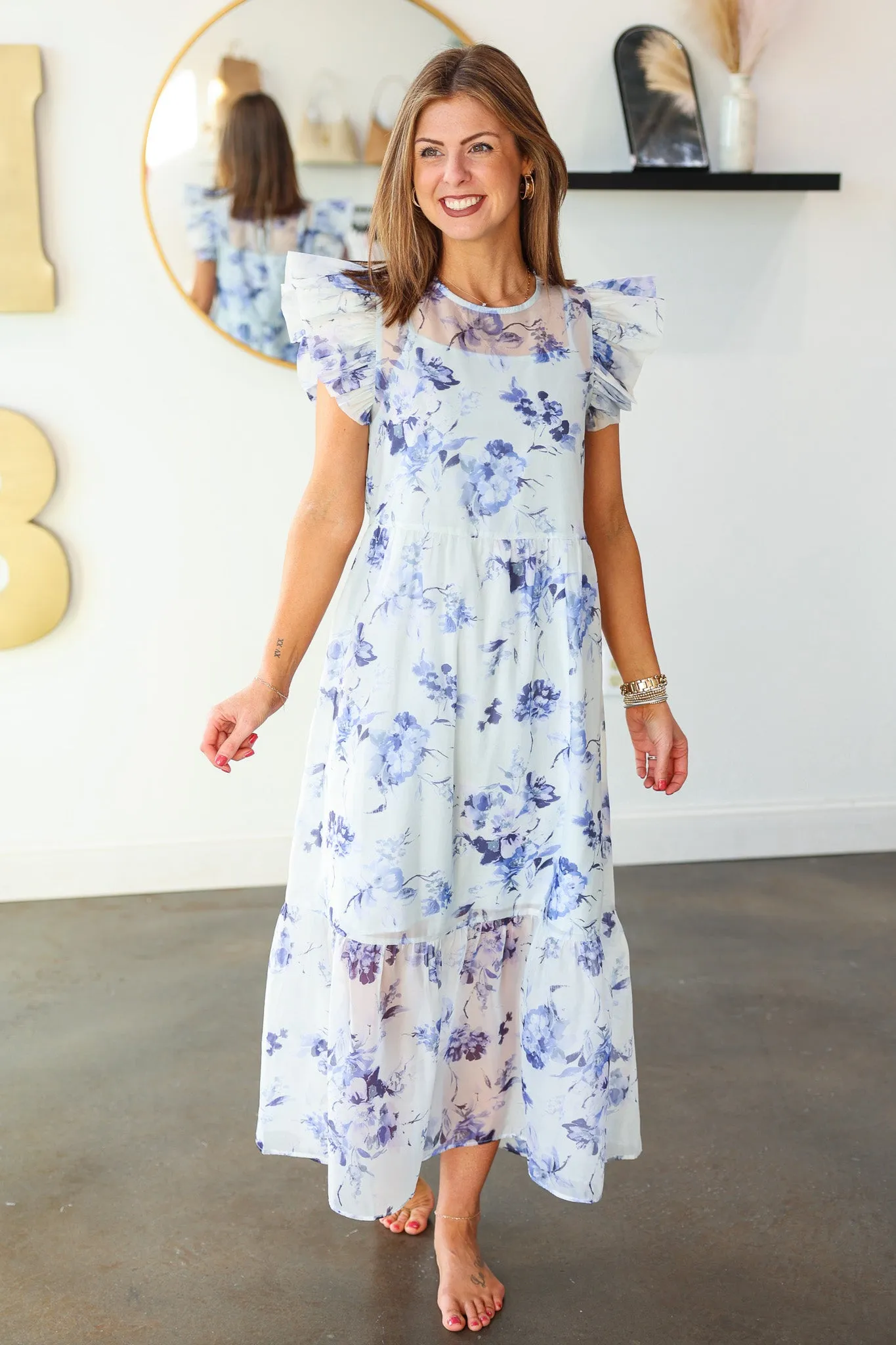 Floral Organza Overlay Midi Dress - Blue