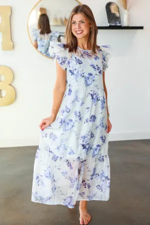 Floral Organza Overlay Midi Dress - Blue