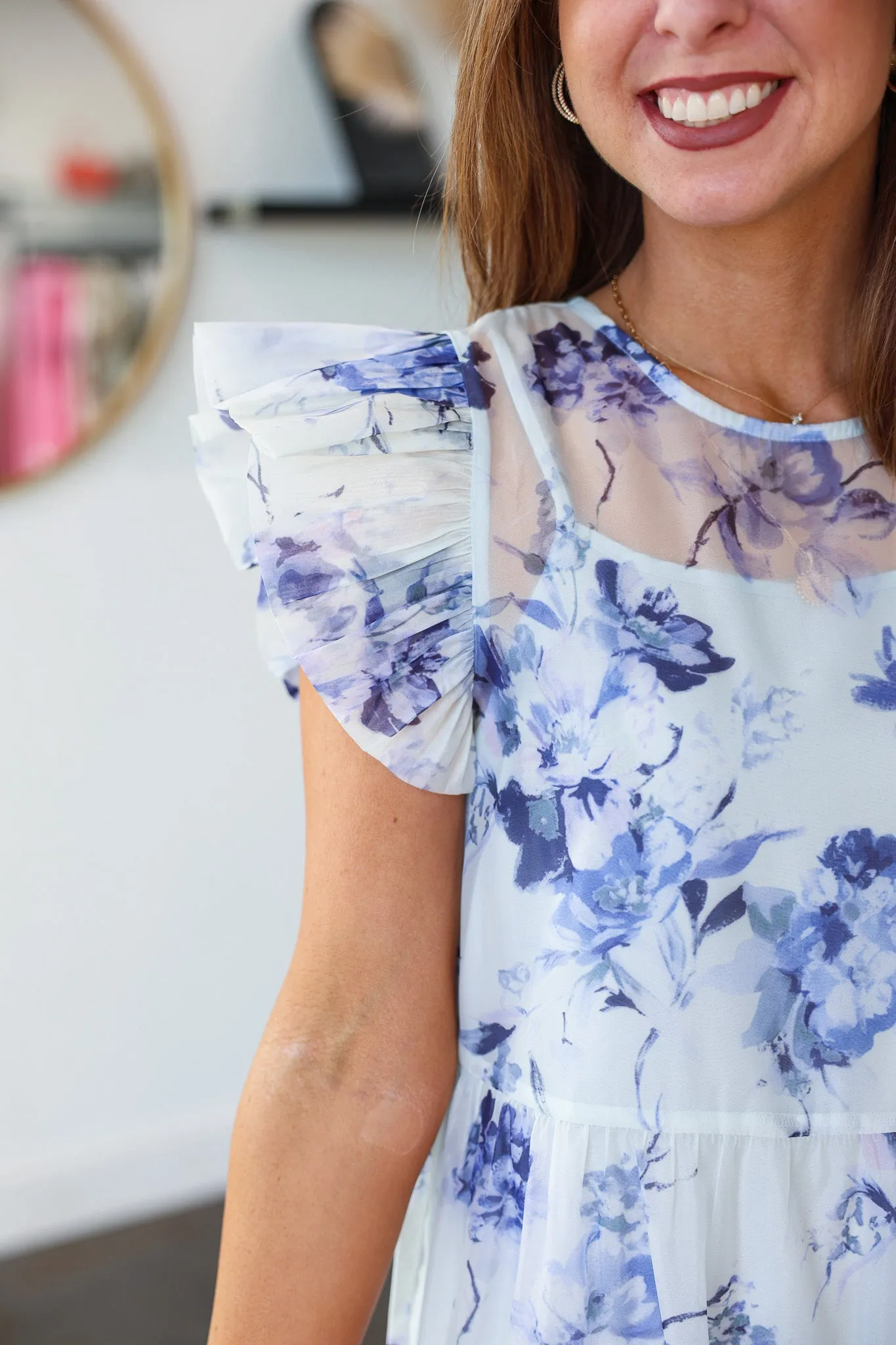 Floral Organza Overlay Midi Dress - Blue