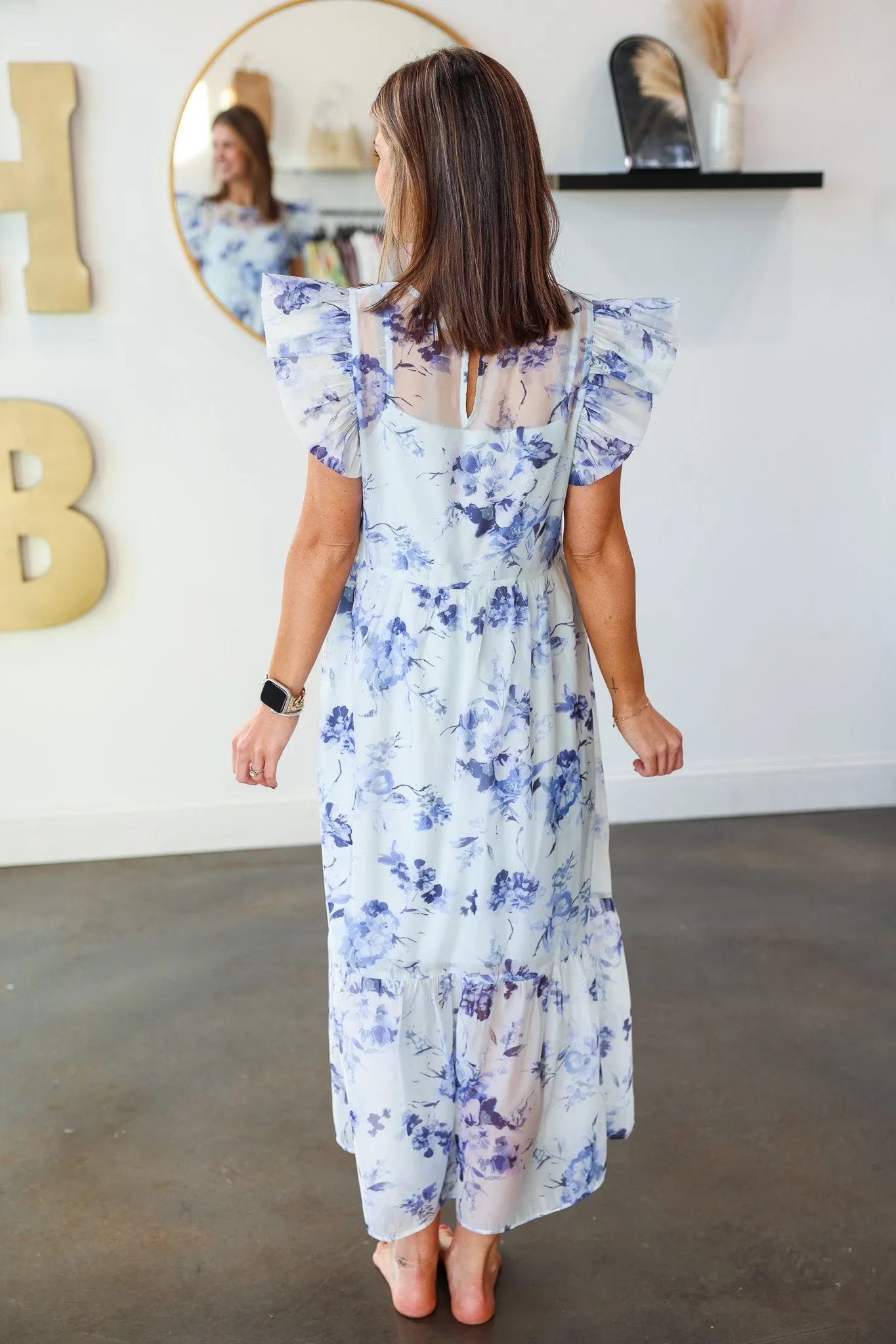 Floral Organza Overlay Midi Dress - Blue