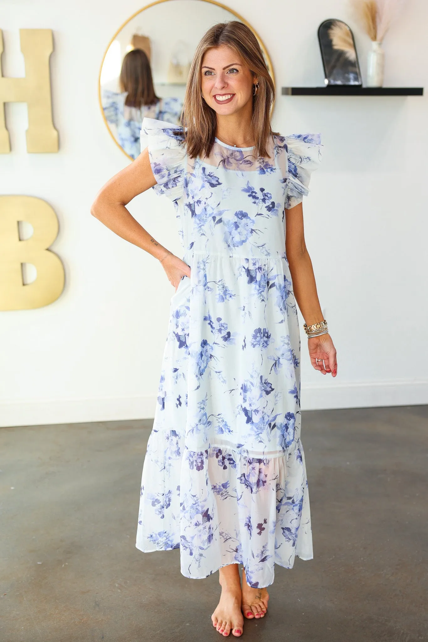 Floral Organza Overlay Midi Dress - Blue