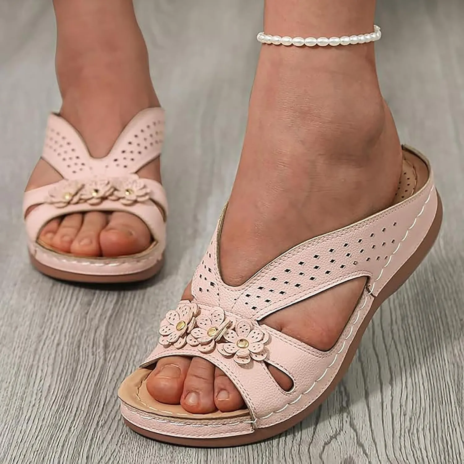 Flower Sandals for Women Dressy Orthopedic Leather Slip On Sandals Cute Open Toe Hollow Out Low Wedge Slides