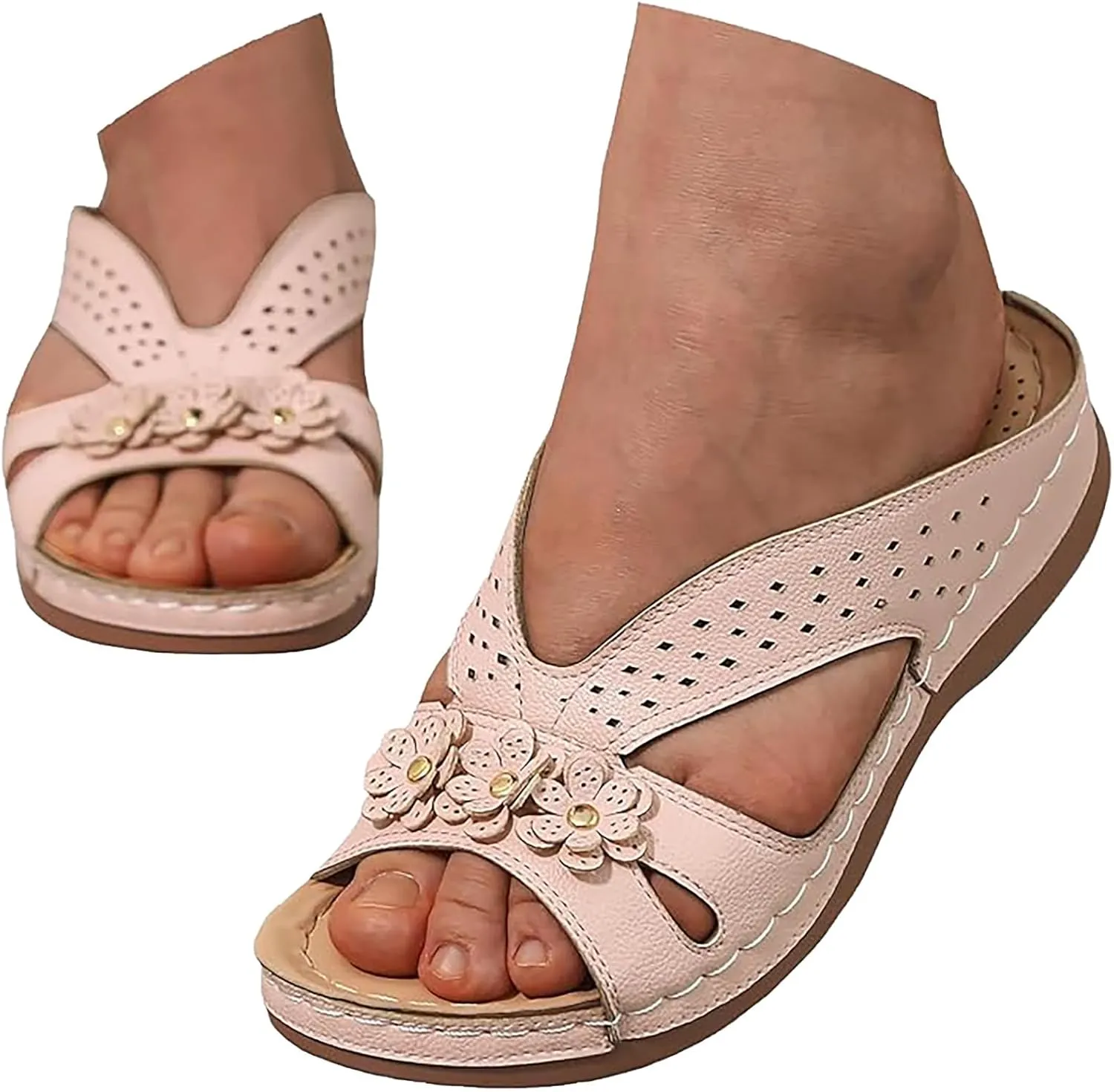 Flower Sandals for Women Dressy Orthopedic Leather Slip On Sandals Cute Open Toe Hollow Out Low Wedge Slides