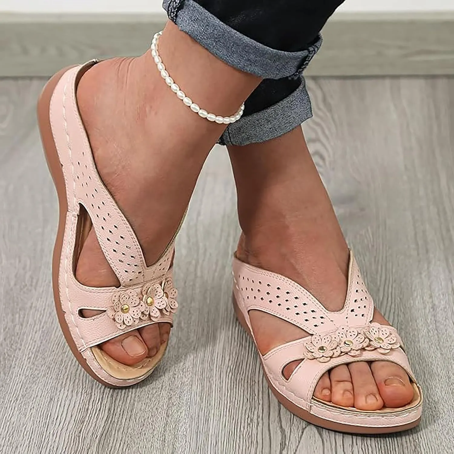 Flower Sandals for Women Dressy Orthopedic Leather Slip On Sandals Cute Open Toe Hollow Out Low Wedge Slides