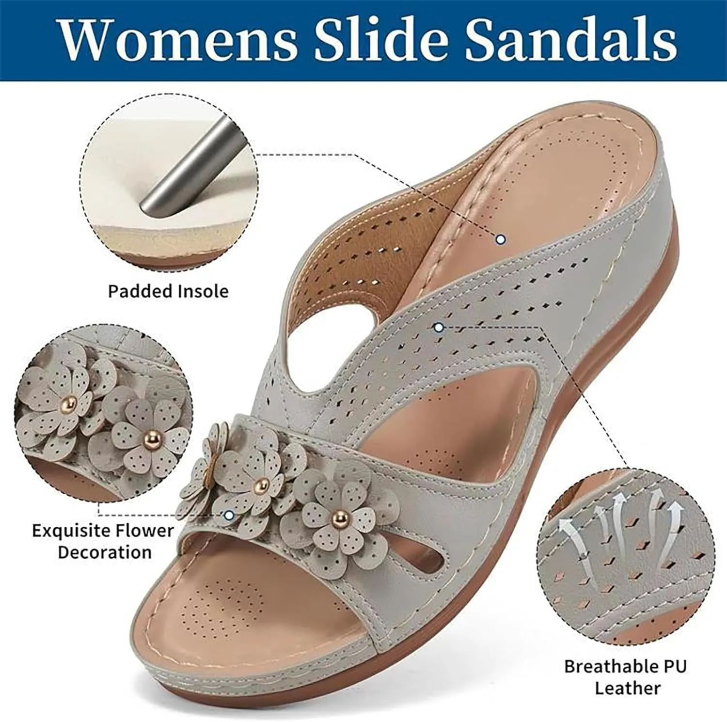 Flower Sandals for Women Dressy Orthopedic Leather Slip On Sandals Cute Open Toe Hollow Out Low Wedge Slides