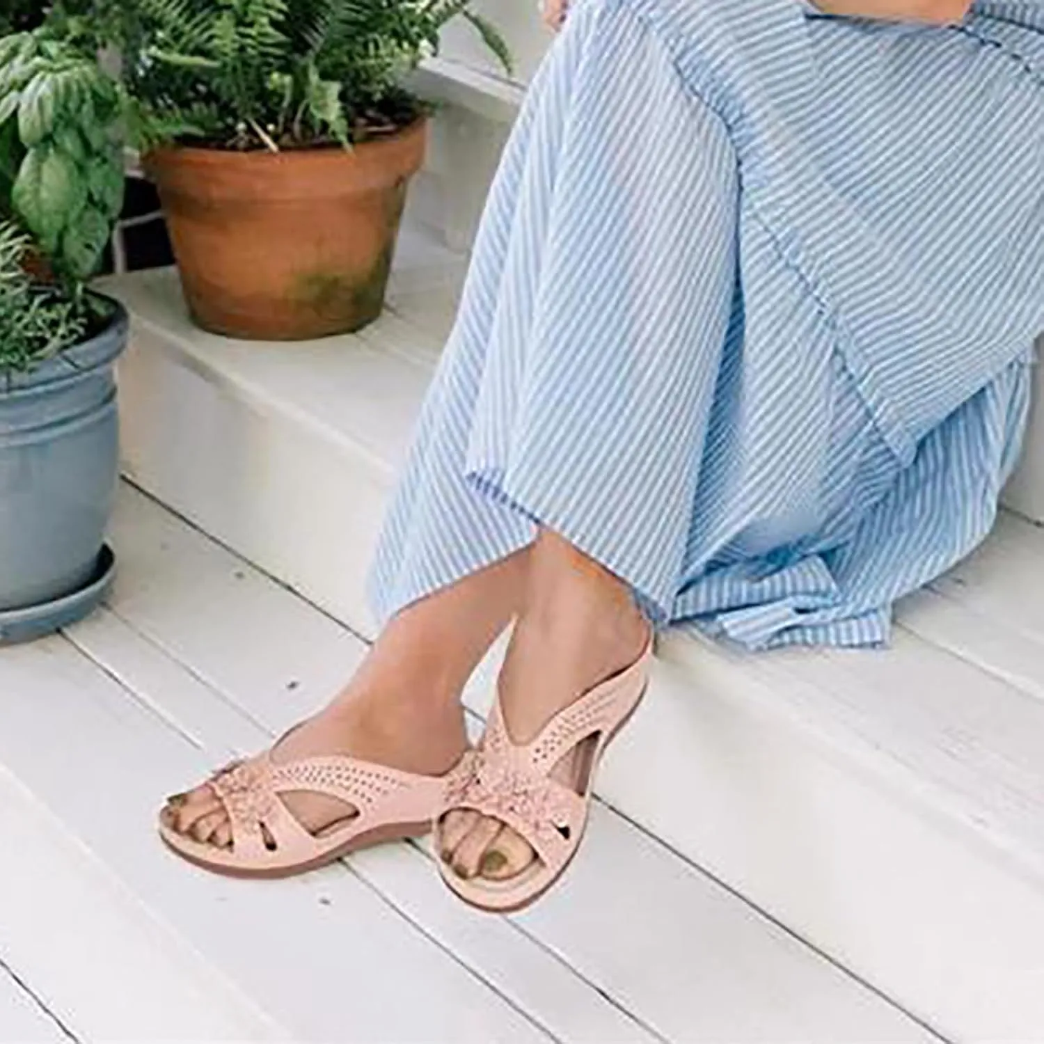 Flower Sandals for Women Dressy Orthopedic Leather Slip On Sandals Cute Open Toe Hollow Out Low Wedge Slides