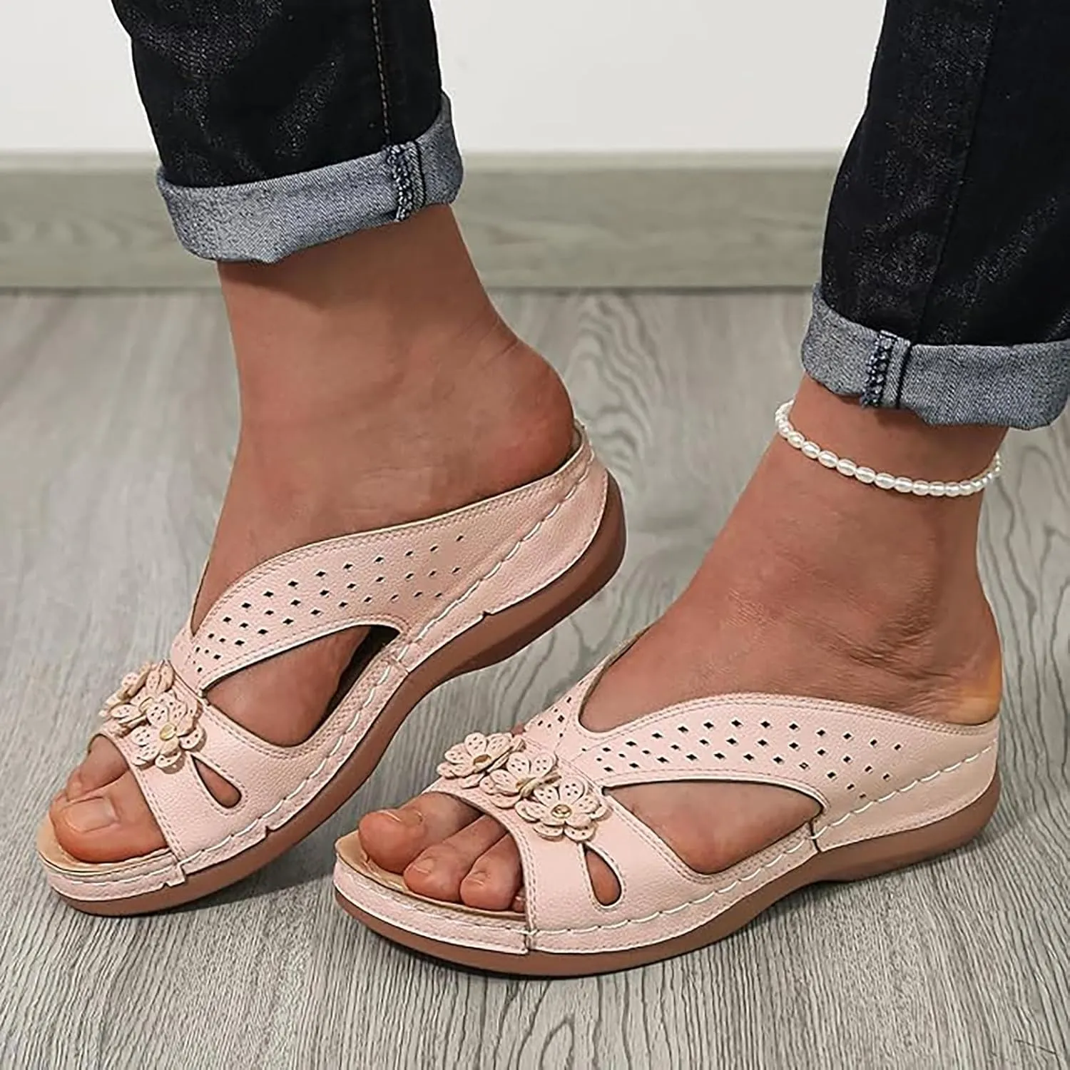 Flower Sandals for Women Dressy Orthopedic Leather Slip On Sandals Cute Open Toe Hollow Out Low Wedge Slides