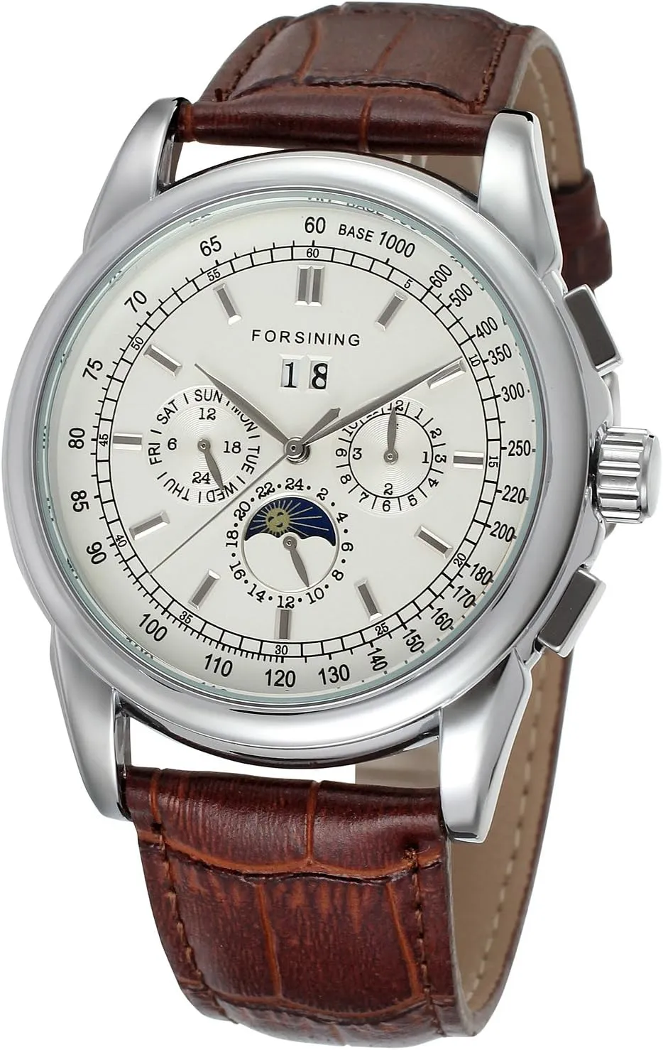 FORSINING Men's Fantastic Automatic Luxury Brand Brown Genuine Leather Strap Analog Moon Phase Watch