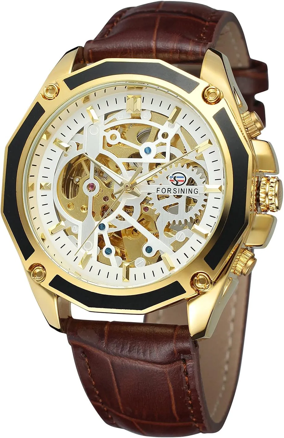 FORSINING Men's Skeleton Mechanical Watch Reloj Automatic Movtment Male Clock with Genuine Leather Strap