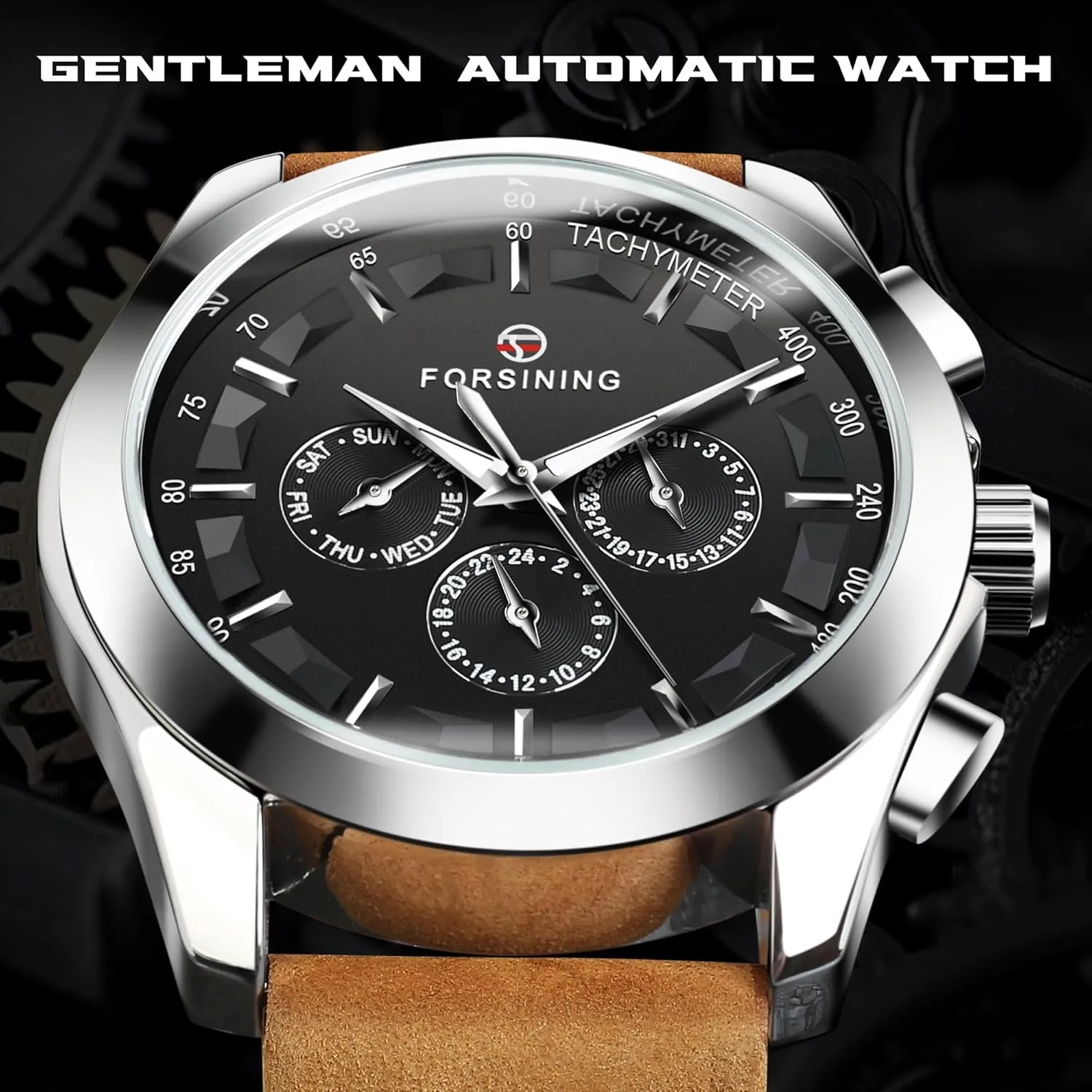 FORSINING Men's Transparent Sport Watch, Luxury Genuine Leather Strap Fashion Automatic Mechanical Skeleton Watch Mens Watches