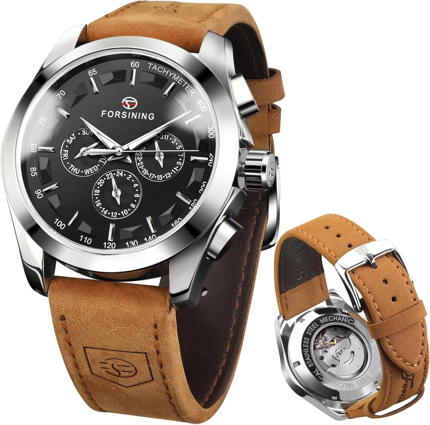 FORSINING Men's Transparent Sport Watch, Luxury Genuine Leather Strap Fashion Automatic Mechanical Skeleton Watch Mens Watches
