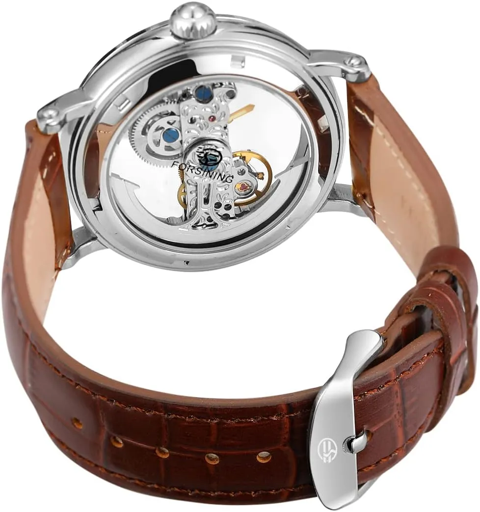 FORSINING Men's Unique Design Luxury Automatic Movt Popular Style Genuine Leather Strap Skeleton Watch