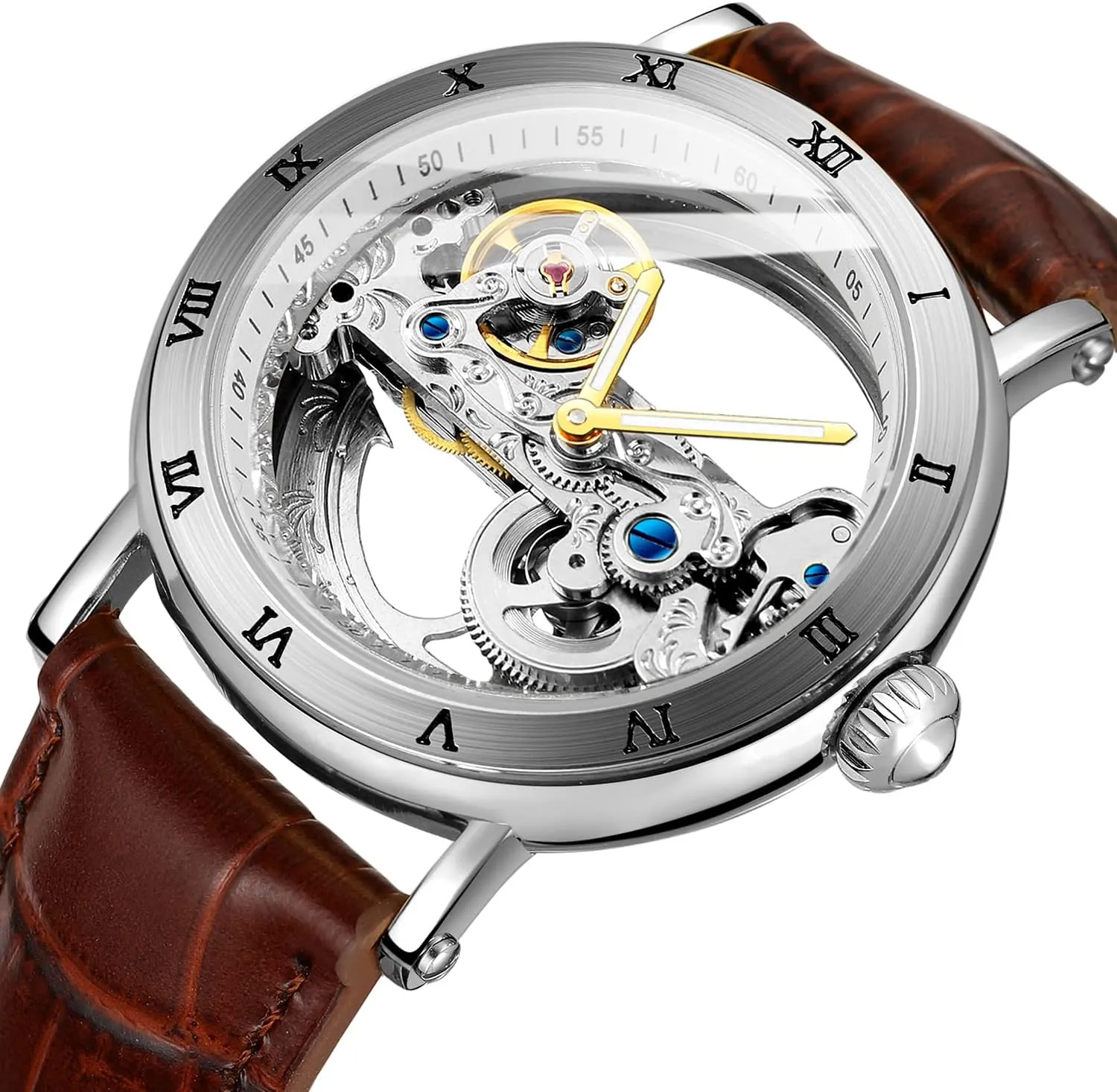 FORSINING Men's Unique Design Luxury Automatic Movt Popular Style Genuine Leather Strap Skeleton Watch