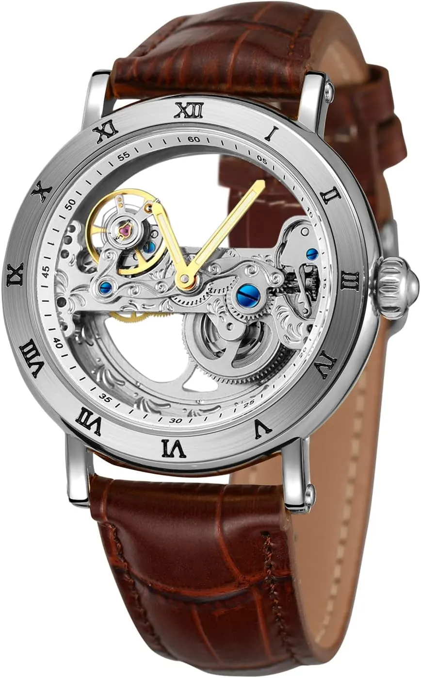 FORSINING Men's Unique Design Luxury Automatic Movt Popular Style Genuine Leather Strap Skeleton Watch