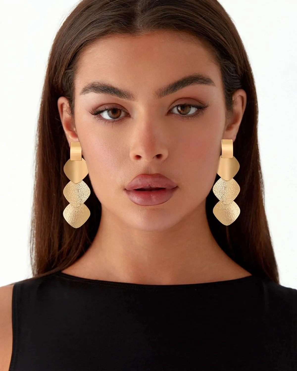 Gold Hammered Rectangle Geometric Hoop Dangle Earrings Statement Vintage Round Hoop Drop Earrings for Women Jewelry