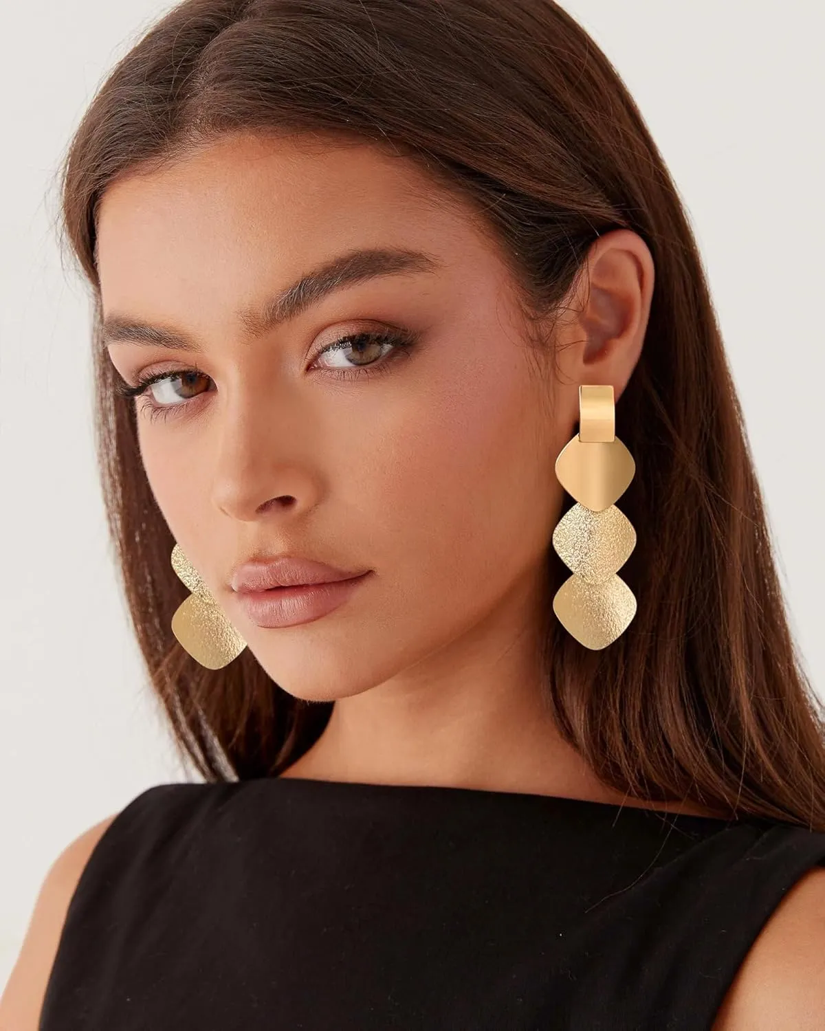 Gold Hammered Rectangle Geometric Hoop Dangle Earrings Statement Vintage Round Hoop Drop Earrings for Women Jewelry