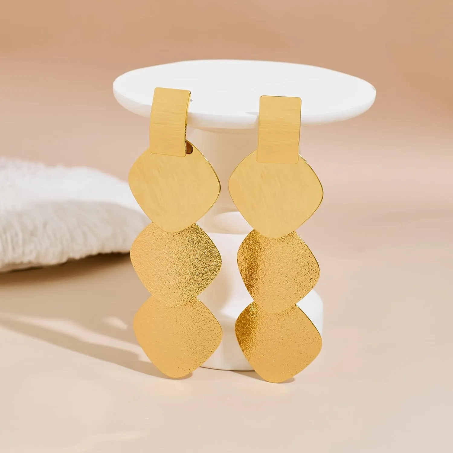 Gold Hammered Rectangle Geometric Hoop Dangle Earrings Statement Vintage Round Hoop Drop Earrings for Women Jewelry