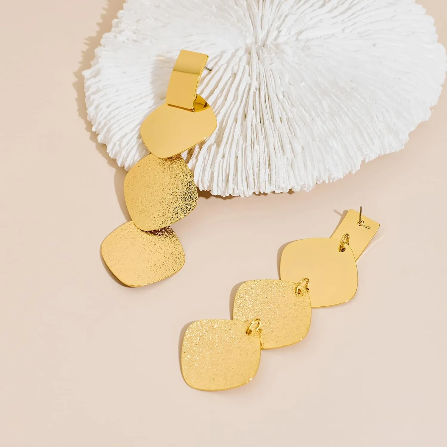 Gold Hammered Rectangle Geometric Hoop Dangle Earrings Statement Vintage Round Hoop Drop Earrings for Women Jewelry