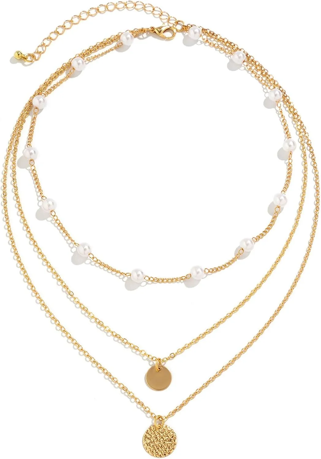 Gold Layered Necklace for Women Pearl Chain Choker Necklaces Hammered Coin Pendant Necklace Stack Trendy Wedding Statement Jewelry for Women