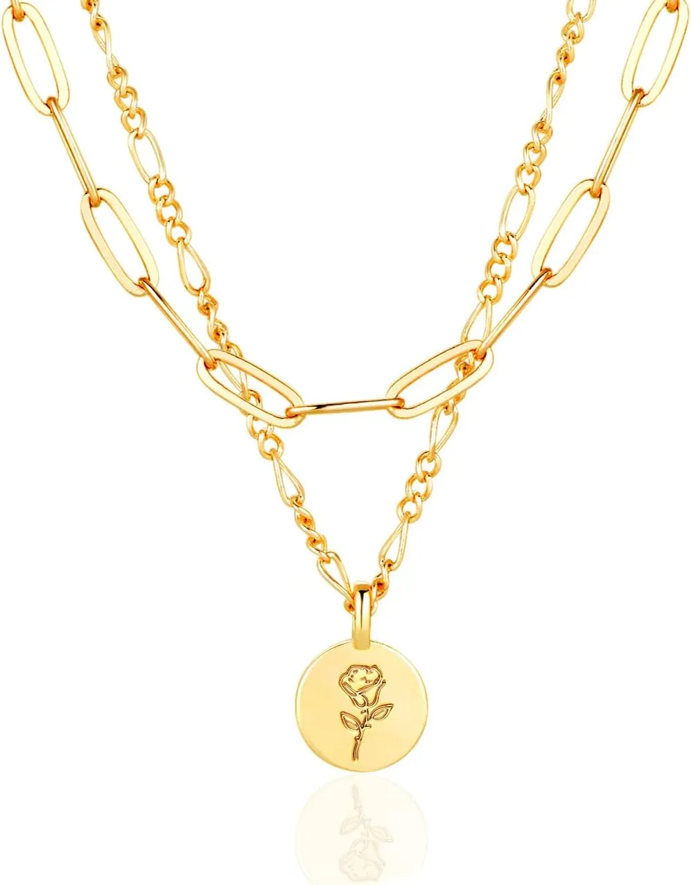 Gold Necklace for Women Layered Birth Flower Necklaces 18K Gold Plated Custom Birth Month Floral Necklaces Paperclip Chain Necklace Women Anniversary Birthday Gifts for Women