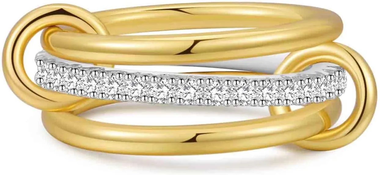 Gold Rings for Women Non Tarnish, 14k Gold Plated Interlocked Stackable Rings Set, Two-Toned Mixed Metals Multi Connected Bands Cubic Zirconia Rings for Women