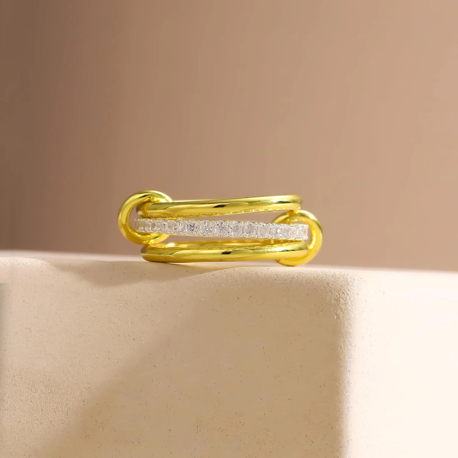 Gold Rings for Women Non Tarnish, 14k Gold Plated Interlocked Stackable Rings Set, Two-Toned Mixed Metals Multi Connected Bands Cubic Zirconia Rings for Women