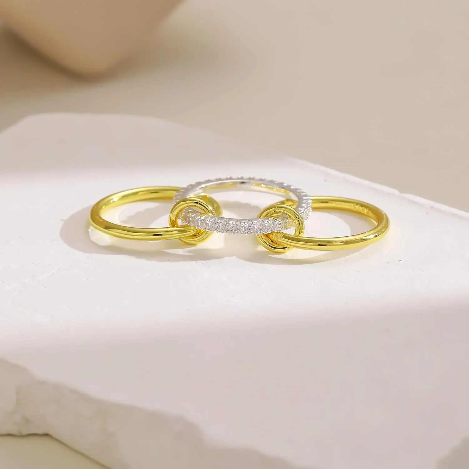 Gold Rings for Women Non Tarnish, 14k Gold Plated Interlocked Stackable Rings Set, Two-Toned Mixed Metals Multi Connected Bands Cubic Zirconia Rings for Women