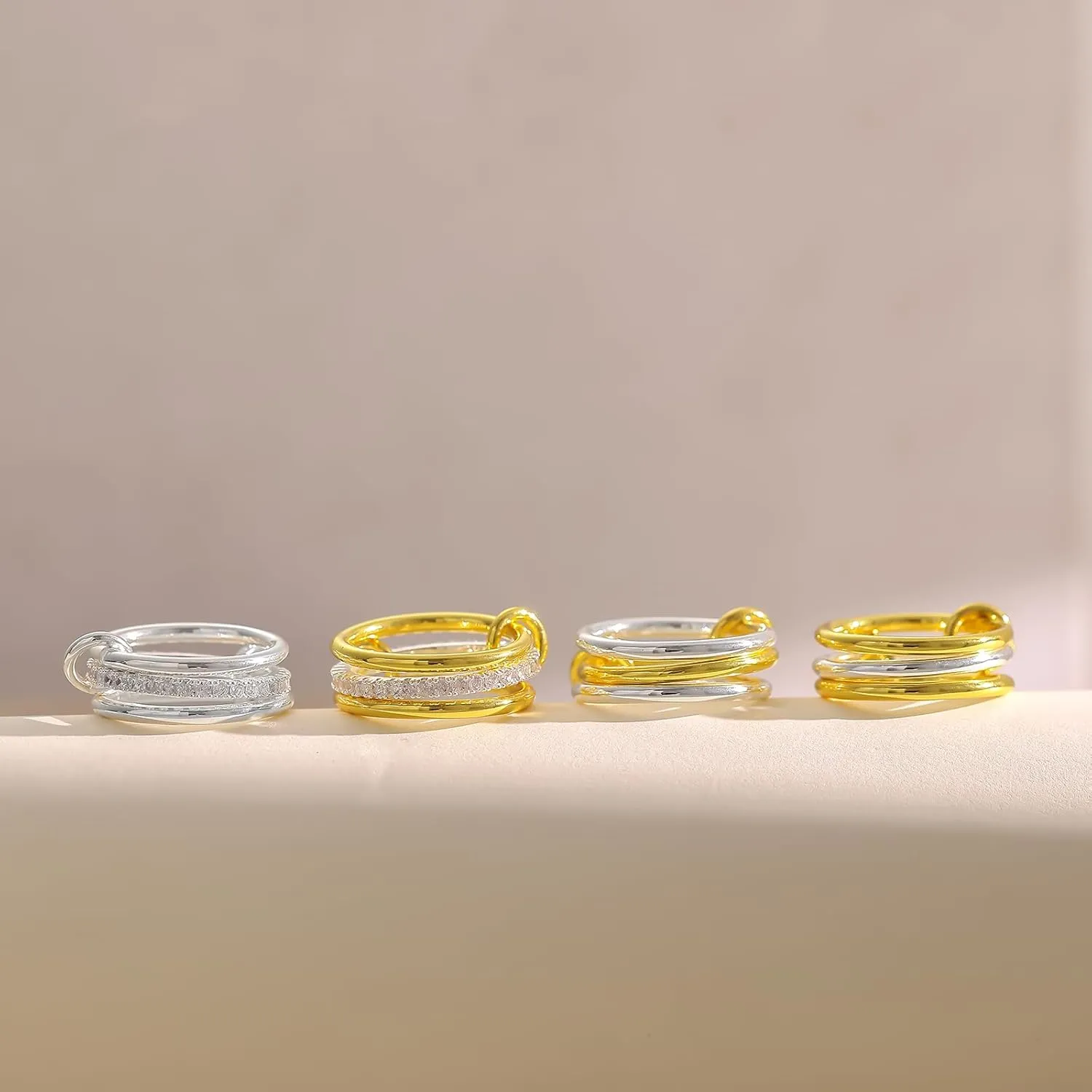 Gold Rings for Women Non Tarnish, 14k Gold Plated Interlocked Stackable Rings Set, Two-Toned Mixed Metals Multi Connected Bands Cubic Zirconia Rings for Women